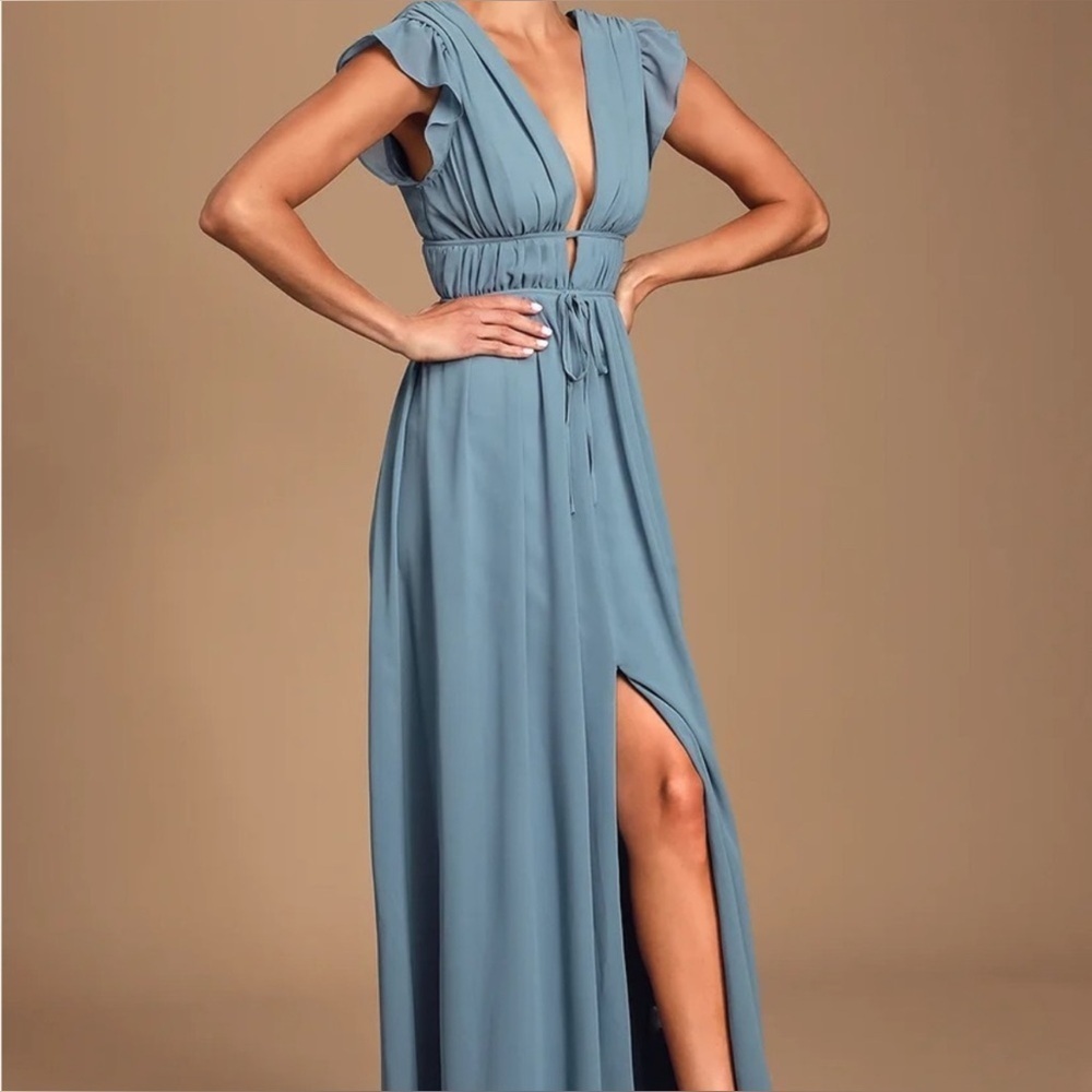 NWT Lulus I'm All Yours Slate Blue Ruffled Maxi Dress Sz XS